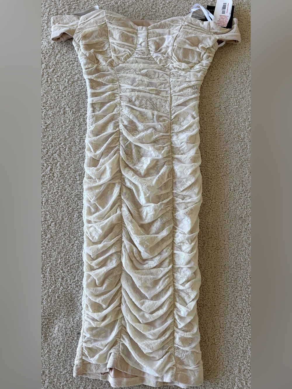 NWT I.N San Francisco Off-Shoulder Cream Ruched Lace Midi Dress